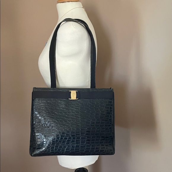 Salvatore Ferragamo Navy Croc-Embossed Shoulder Bag with Gold Hardware